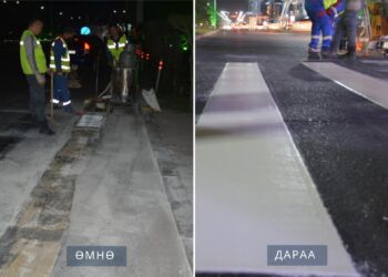 Замын тэмдэглэгээ шинэчлэх, нүхэн эвдрэлийг засварлах ажлыг шөнийн цагаар гүйцэтгэж байна