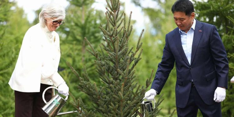 Ерөнхийлөгч У.Хүрэлсүх, Австралийн Амбан захирагч Саманта Мостин нар дурсгалын мод тарилаа